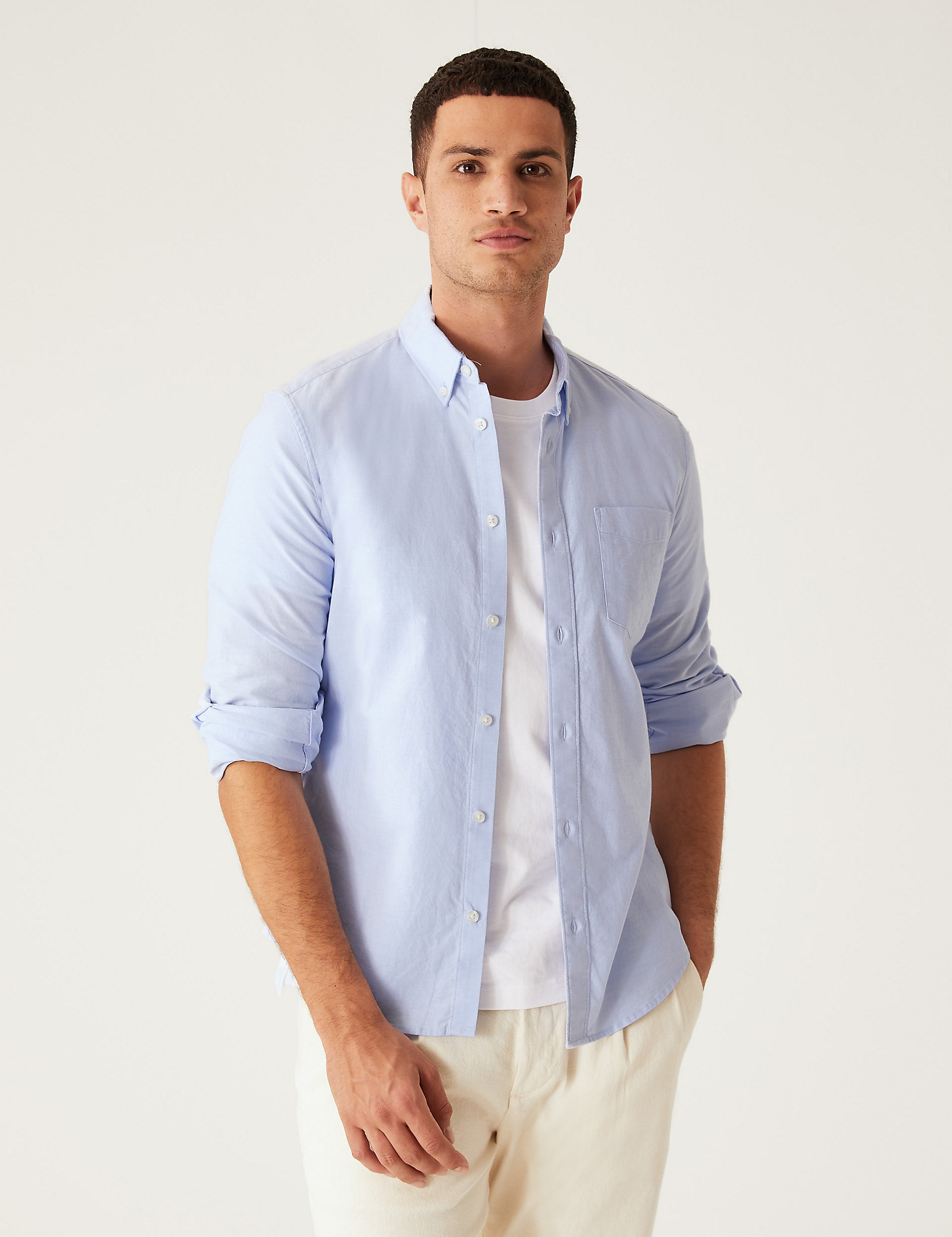 Оксфордская рубашка приталенного кроя из чистого хлопка Marks & Spencer, синий рубашка приталенного кроя из чистого хлопка luca d altieri белый