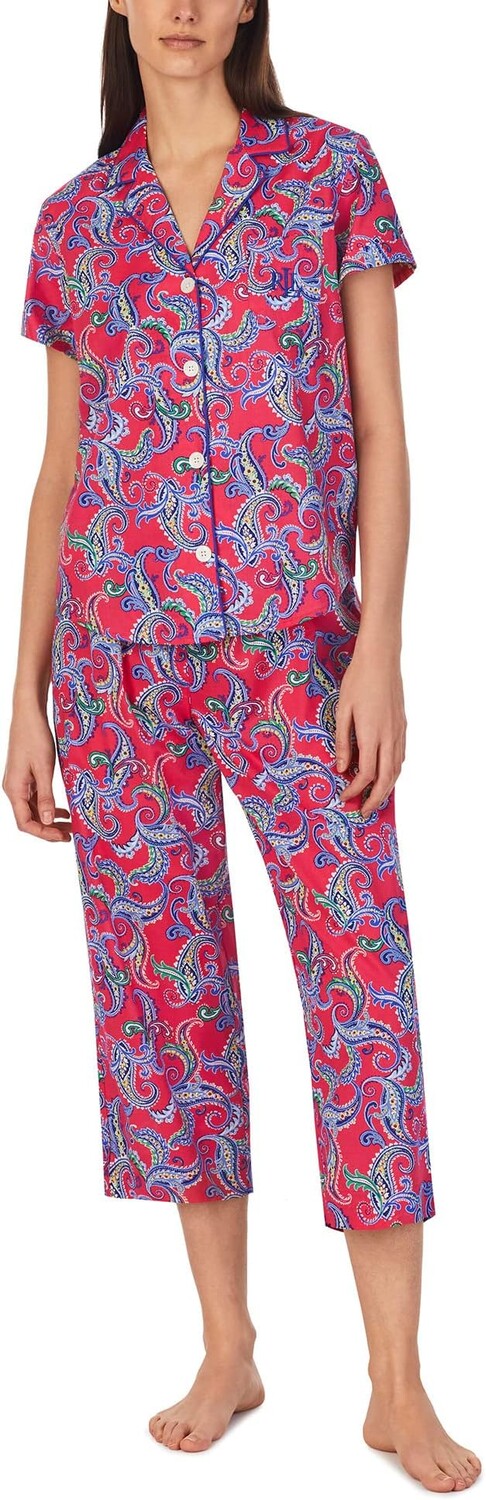 

Пижамный комплект капри с короткими рукавами и вырезом на воротнике LAUREN Ralph Lauren, цвет Berry Paisley