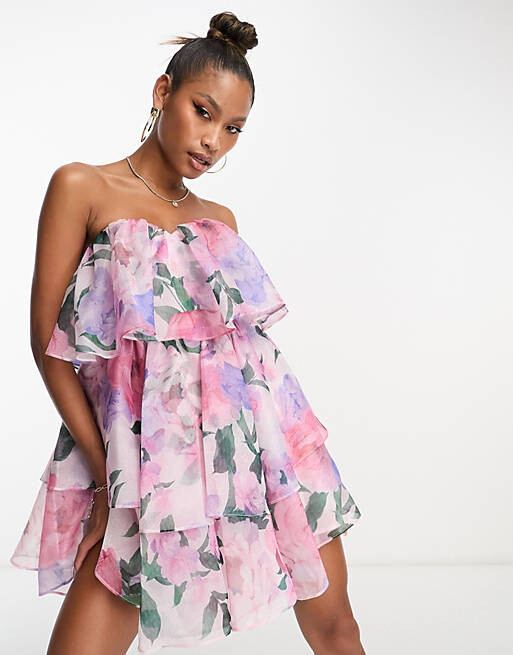 

Шифоновое многоярусное платье мини-бандо ASOS LUXE с цветочным принтом