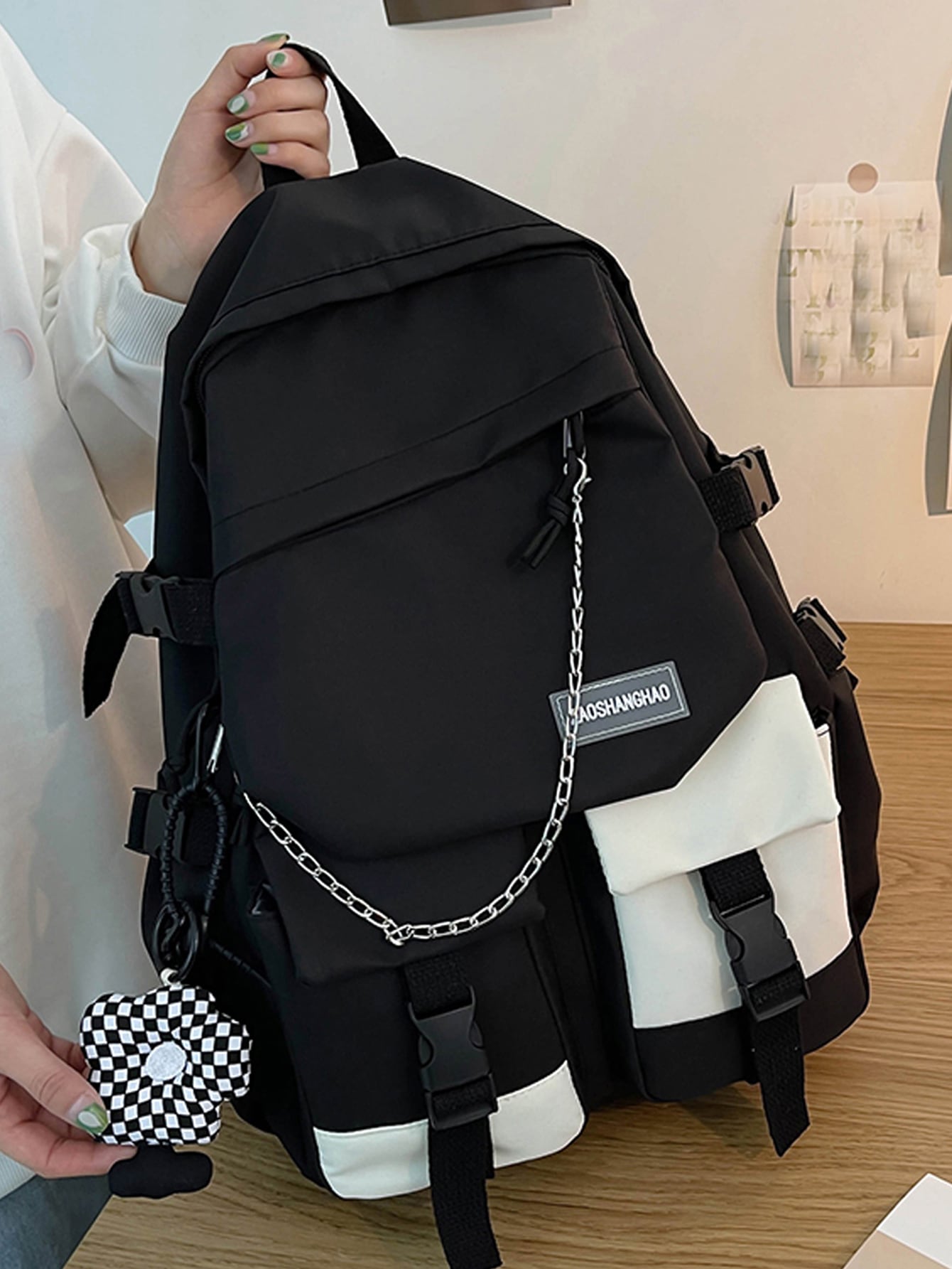 Легкий деловой повседневный рюкзак большой вместительности с графическим рисунком и сумкой-подвеской для девочек-подростков, черное и белое