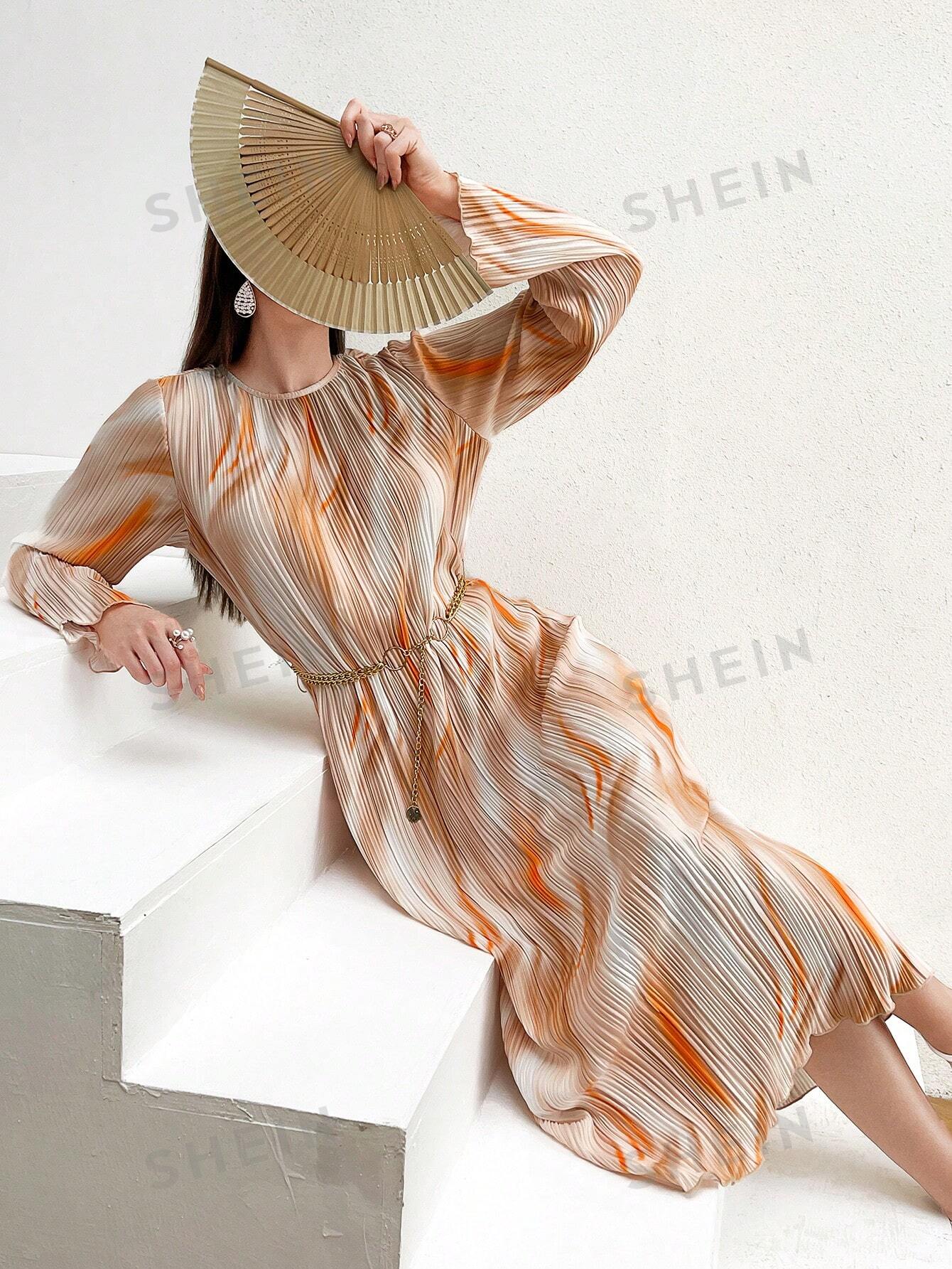 SHEIN Модельное плиссированное платье с металлизированным поясом и рюшами на рукавах тай-дай, апельсин shein унисекс 1 шт сетчатая рубашка с рисунком тай дай многоцветный