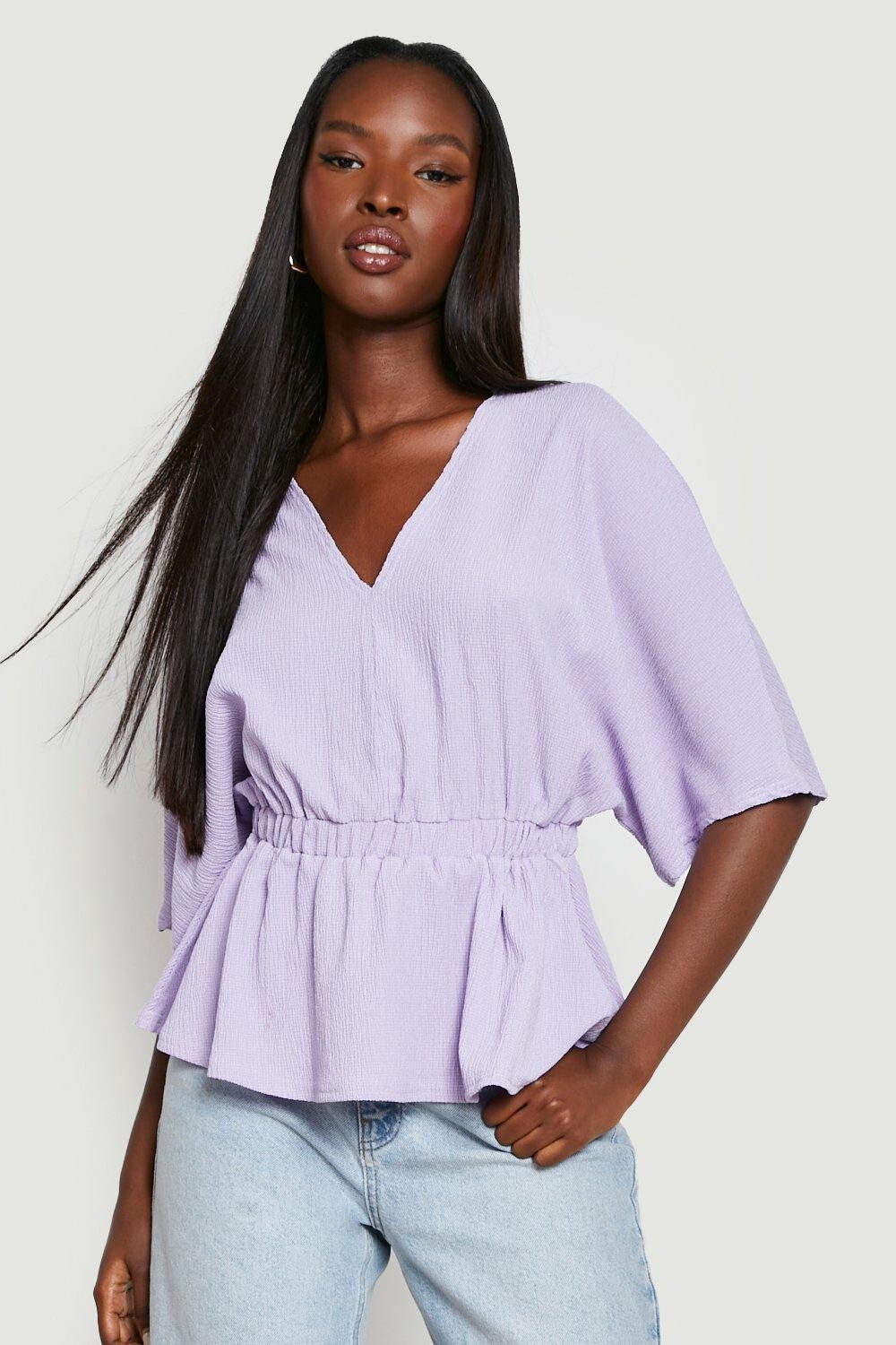 

Топ с текстурным топом с баской и рукавами Boohoo, сиреневый