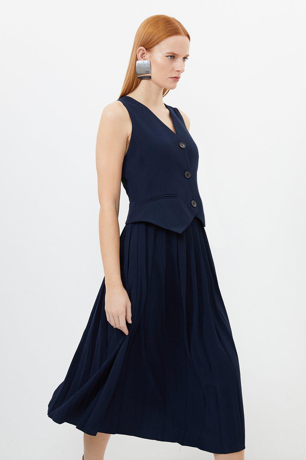 Платье-миди с жилетом и плиссированной юбкой из крепа на заказ Karen Millen, темно-синий