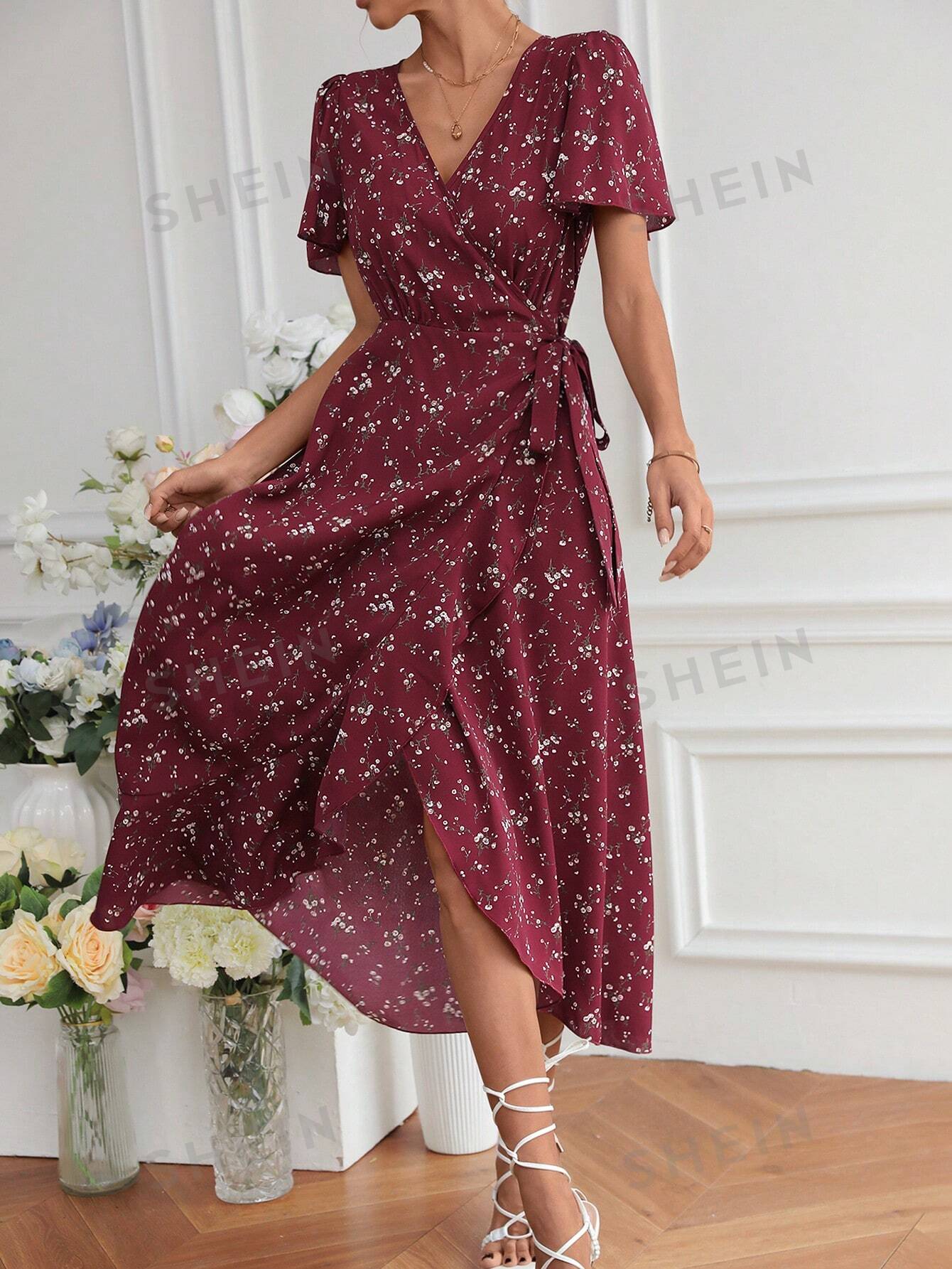 цена SHEIN Frenchy модное женское платье макси с цветочным принтом и завязками на талии, коричневый