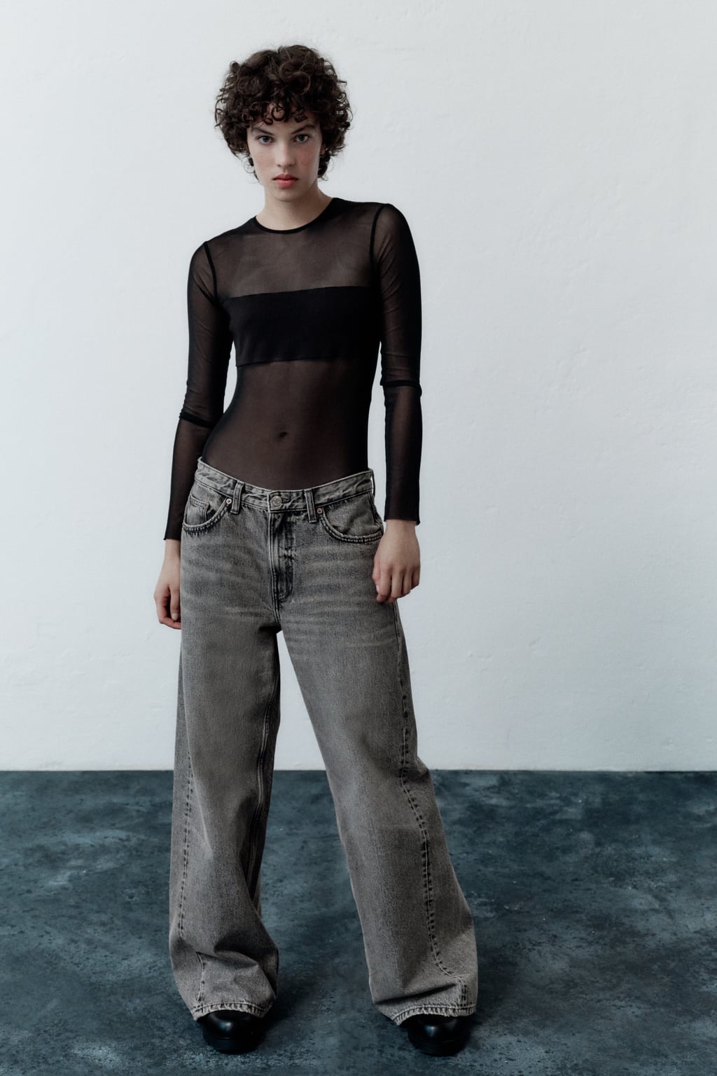 

Боди из контрастного тюля ZARA, черный