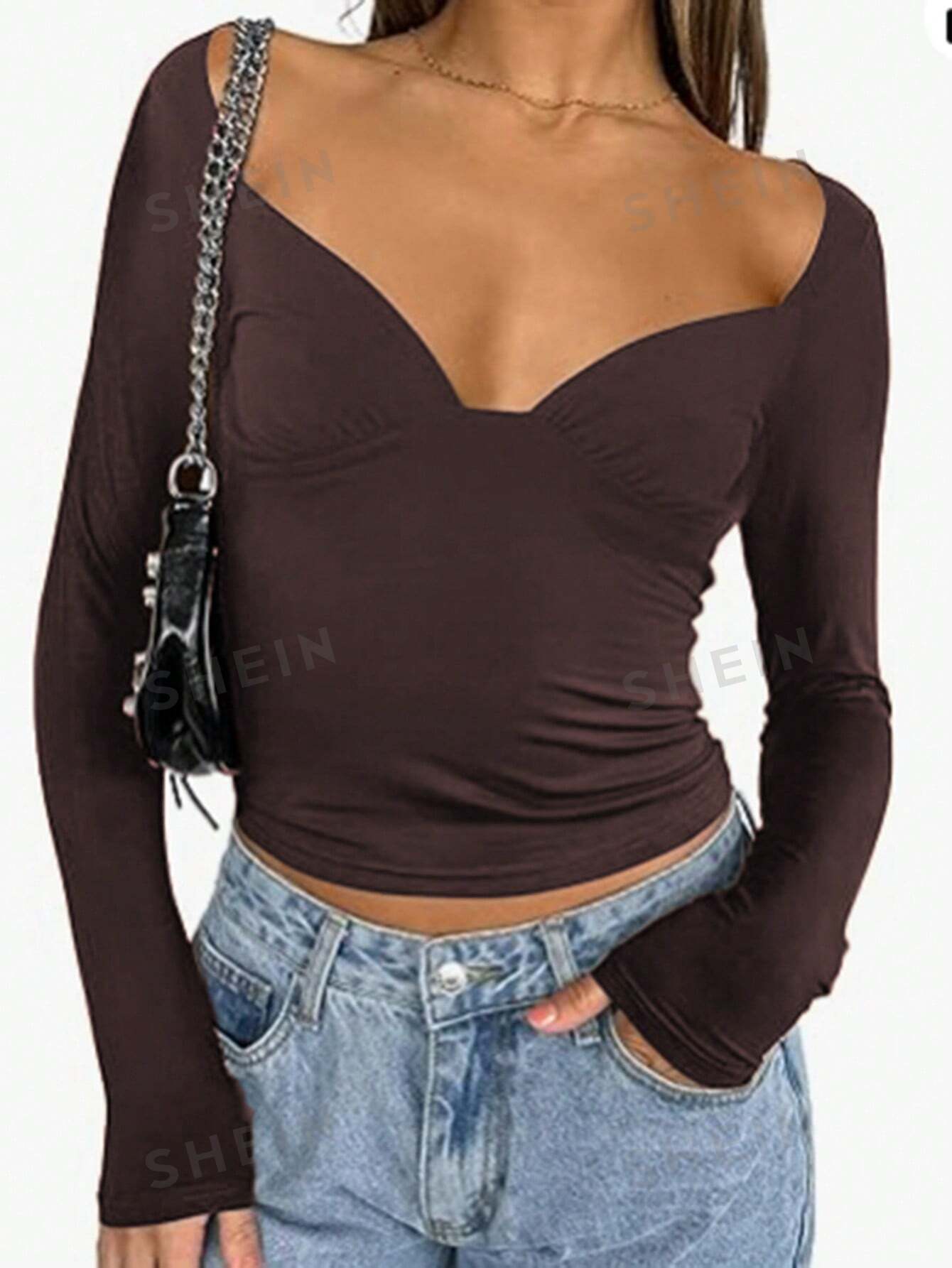 shein essnce трехцветное облегающее боди футболка с длинными рукавами многоцветный SHEIN LUNE Женская футболка с круглым вырезом и короткими рукавами, коричневый