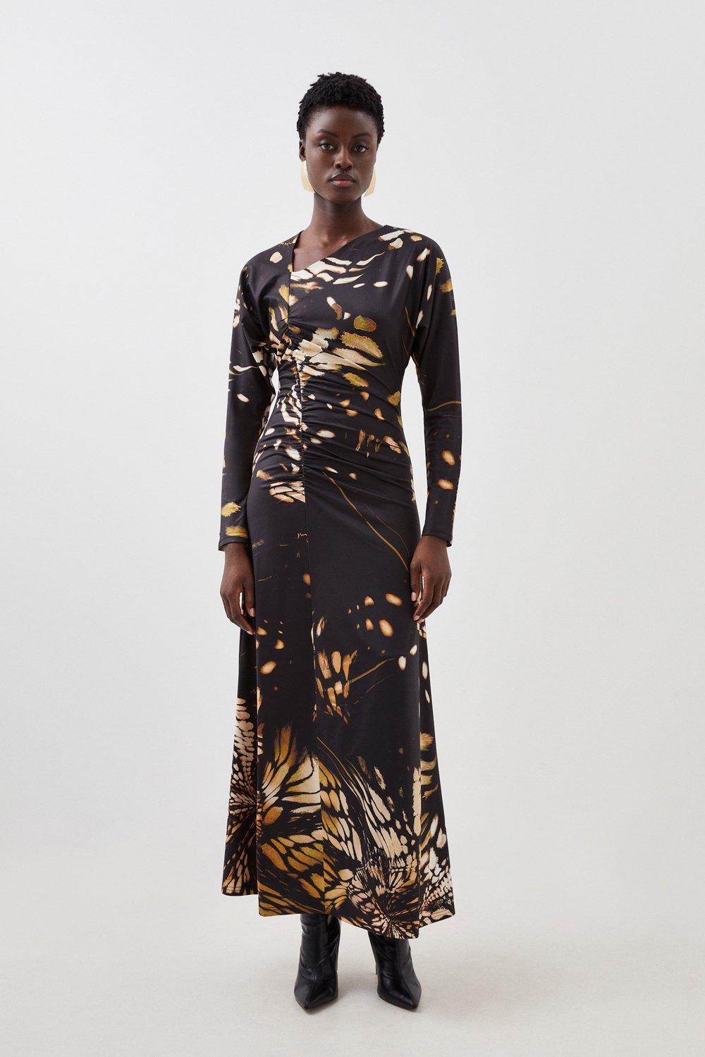 Асимметричное платье макси из трикотажного крепа с принтом Petite Butterfly Karen Millen, черный