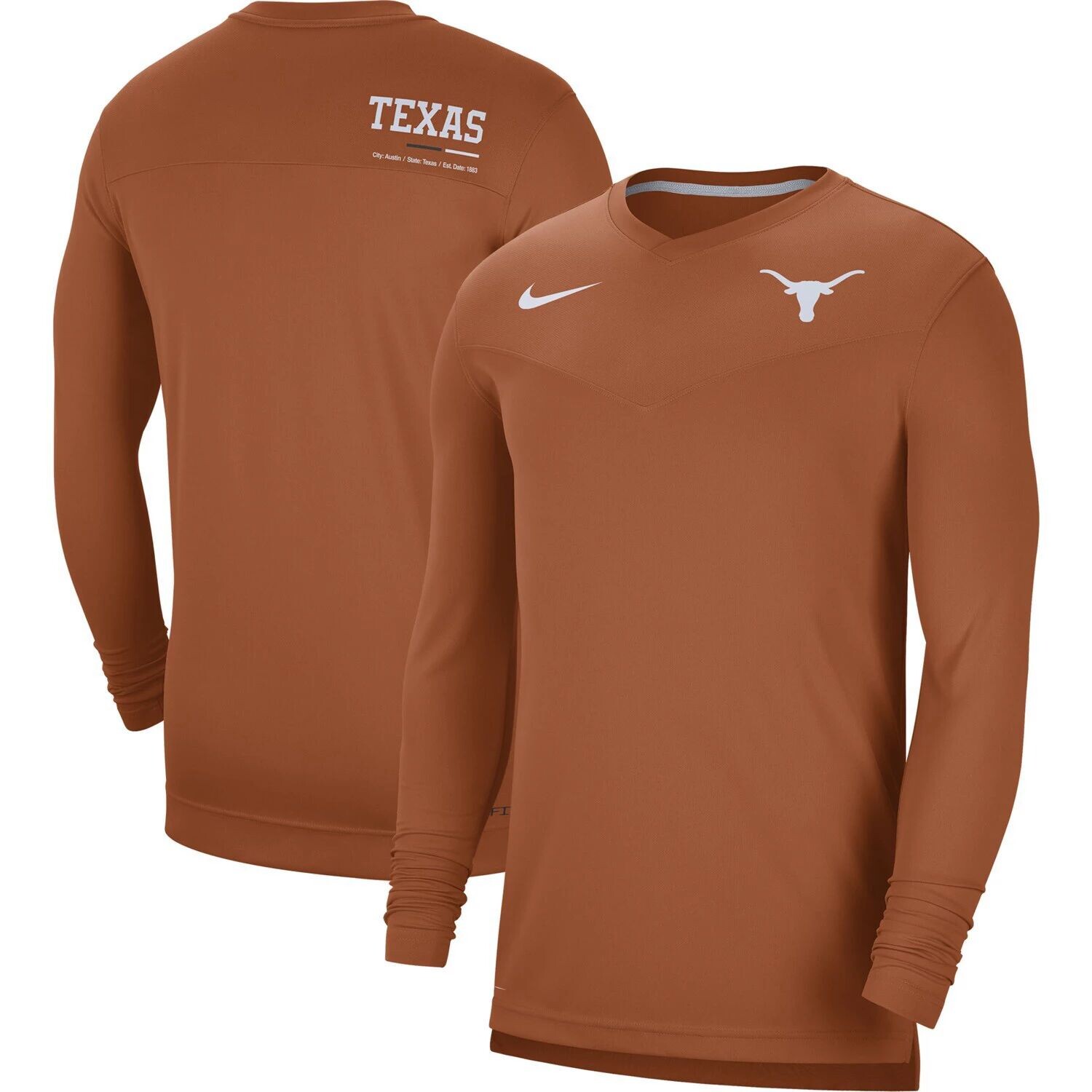 

Мужская футболка Texas Orange Texas Longhorns 2022 Coach Performance с длинным рукавом и v-образным вырезом Nike