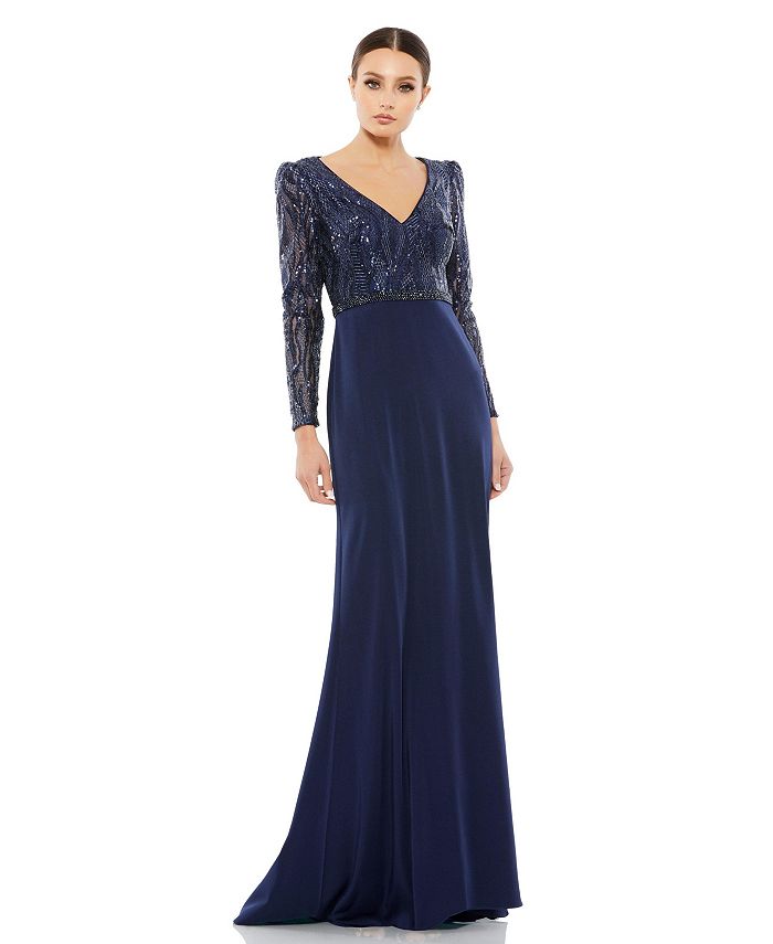 Женское платье с длинным рукавом и лифом с украшением Mac Duggal, синий