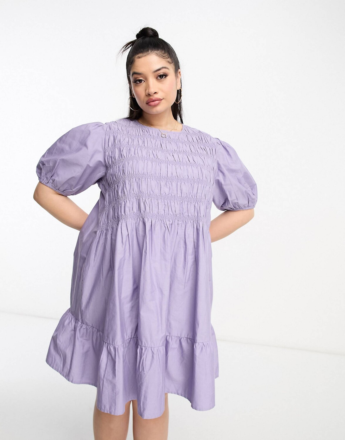 

Сиреневое хлопковое платье мини со сборками и пышными рукавами ASOS DESIGN Curve ASOS Curve