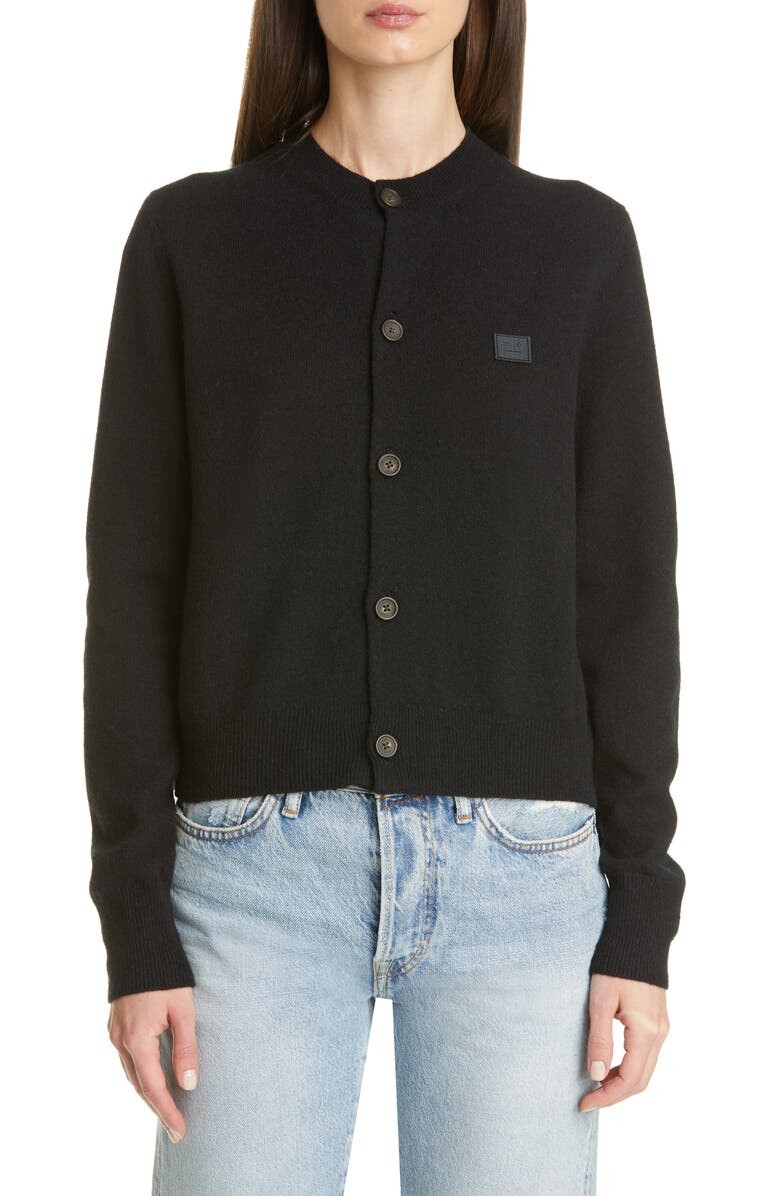 

Шерстяной кардиган с нашивкой для лица Keva ACNE STUDIOS, черный