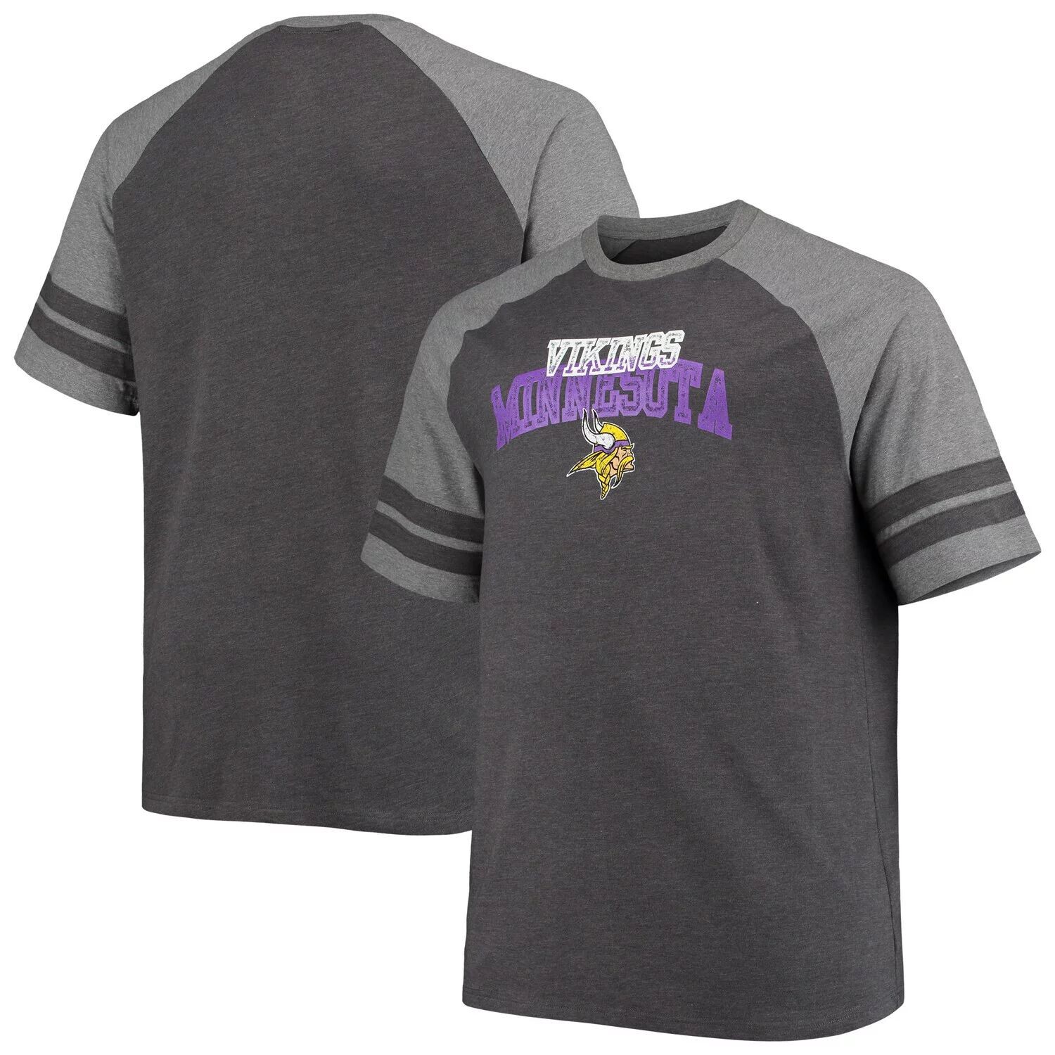 

Мужская фирменная черная/серая футболка Minnesota Vikings Big & Tall с двумя полосками, трехцветная футболка реглан Fanatics