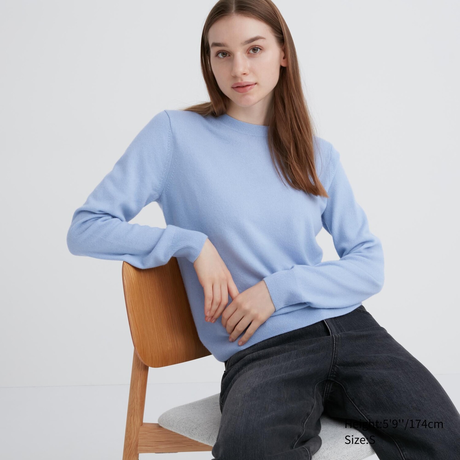 

Свитер Uniqlo женский из кашемира с круглым вырезом, светло-синий