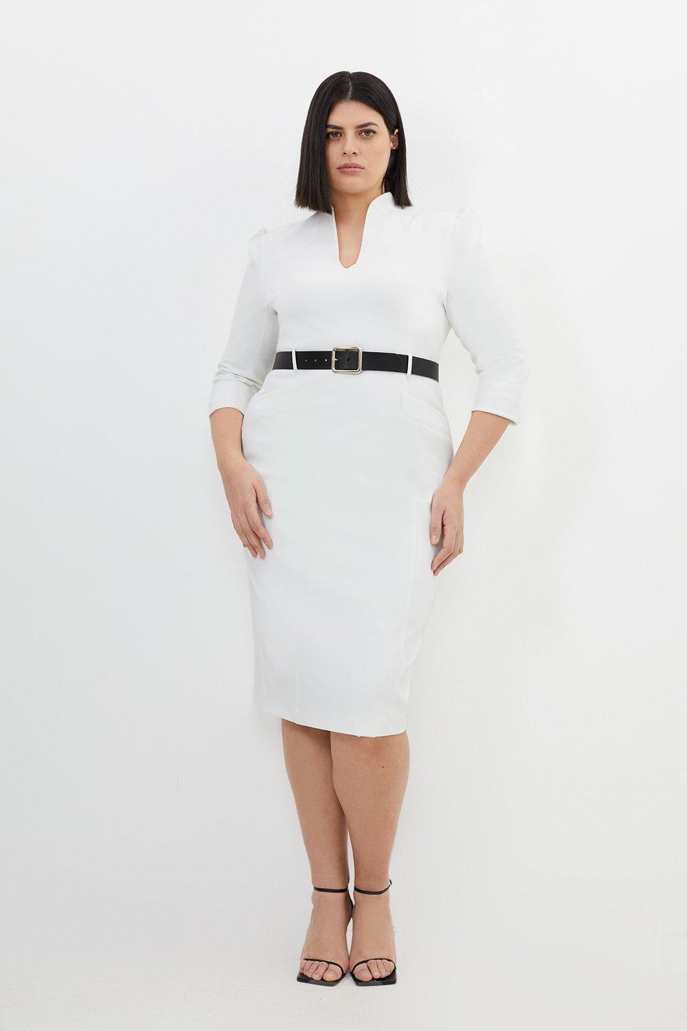 Платье больших размеров из структурированного крепа с высоким воротником и поясом Karen Millen, белый