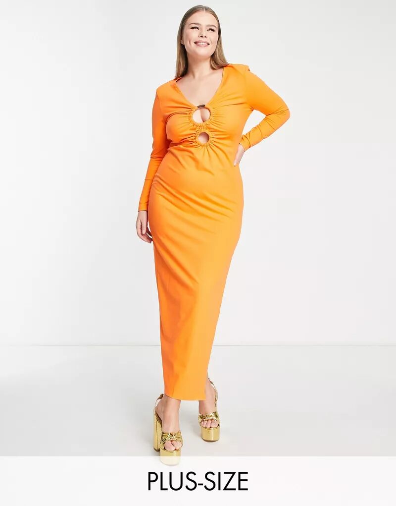 Оранжевое платье макси с длинными рукавами и деталью на груди SIMMI Clothing Plus Simmi London Plus