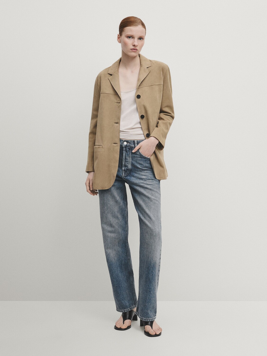 

Замшевый кожаный пиджак Massimo Dutti, серый