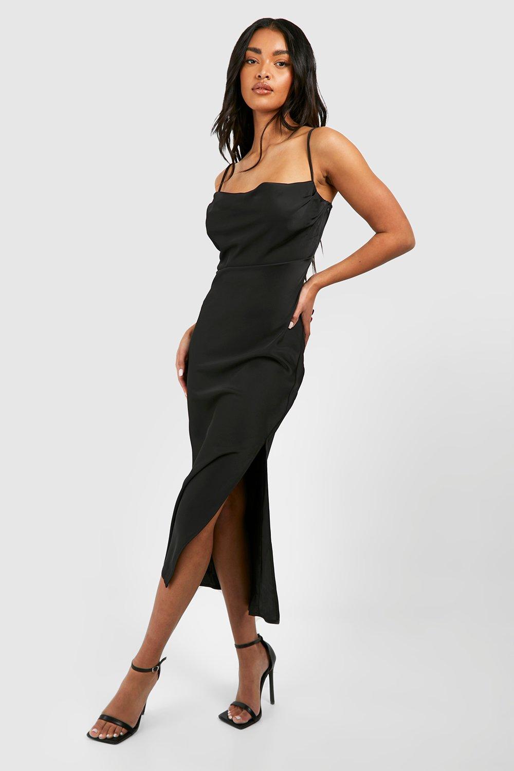 Атласное платье-комбинация миди с воротником-хомутом boohoo, черный цена и фото