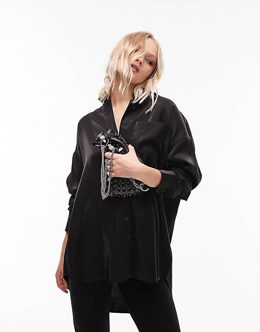 

Черная рубашка оверсайз из жидкой ткани премиум-класса Topshop