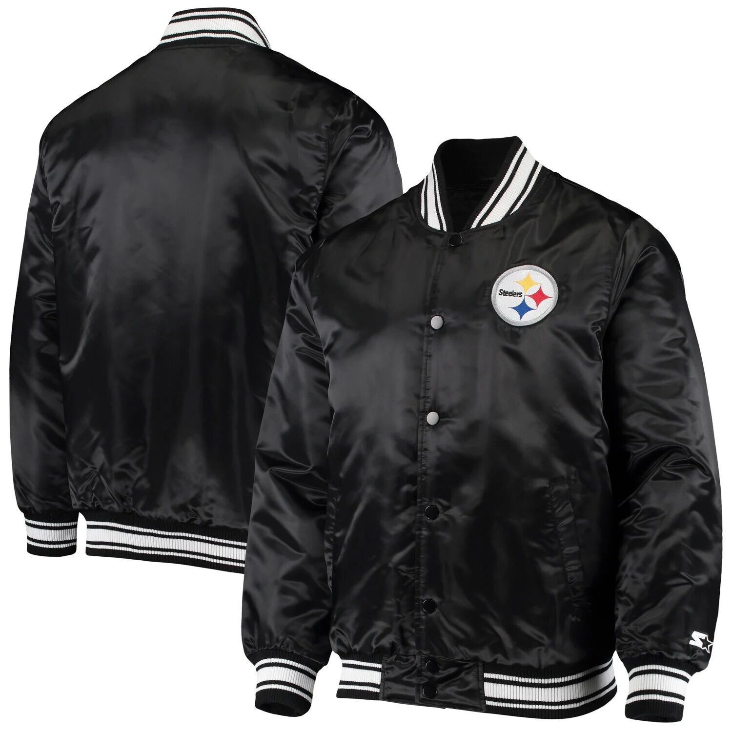 

Мужская черная атласная университетская куртка с длинными кнопками Pittsburgh Steelers Locker Room Starter, Черный
