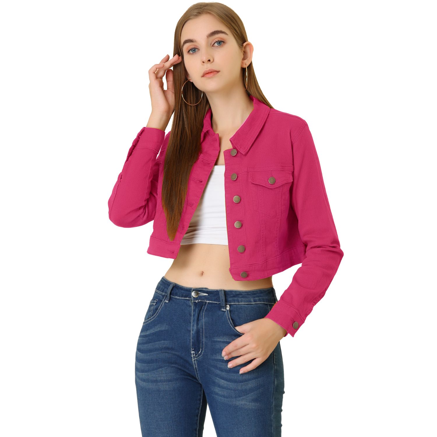 Женская классическая однобортная укороченная джинсовая куртка с длинными рукавами ALLEGRA K, розовый