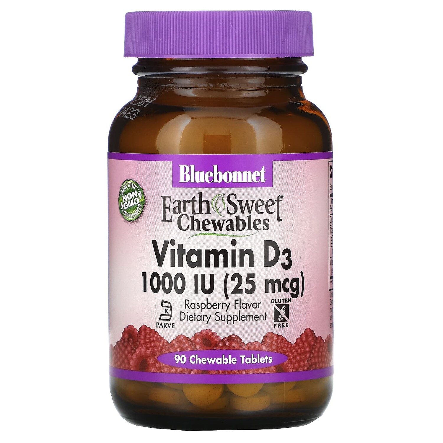 

EarthSweet Chewables, витамин D3, со вкусом малины, 25 мкг (1000 МЕ), 90 жевательных таблеток, Bluebonnet Nutrition