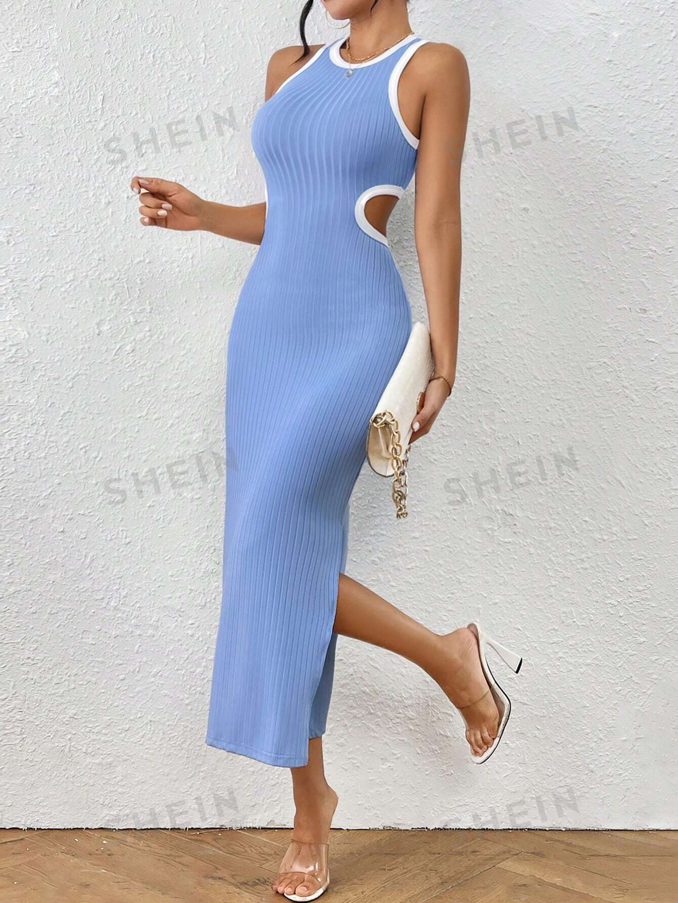 SHEIN PETITE Платье с контрастной окантовкой и вырезом на талии, синий