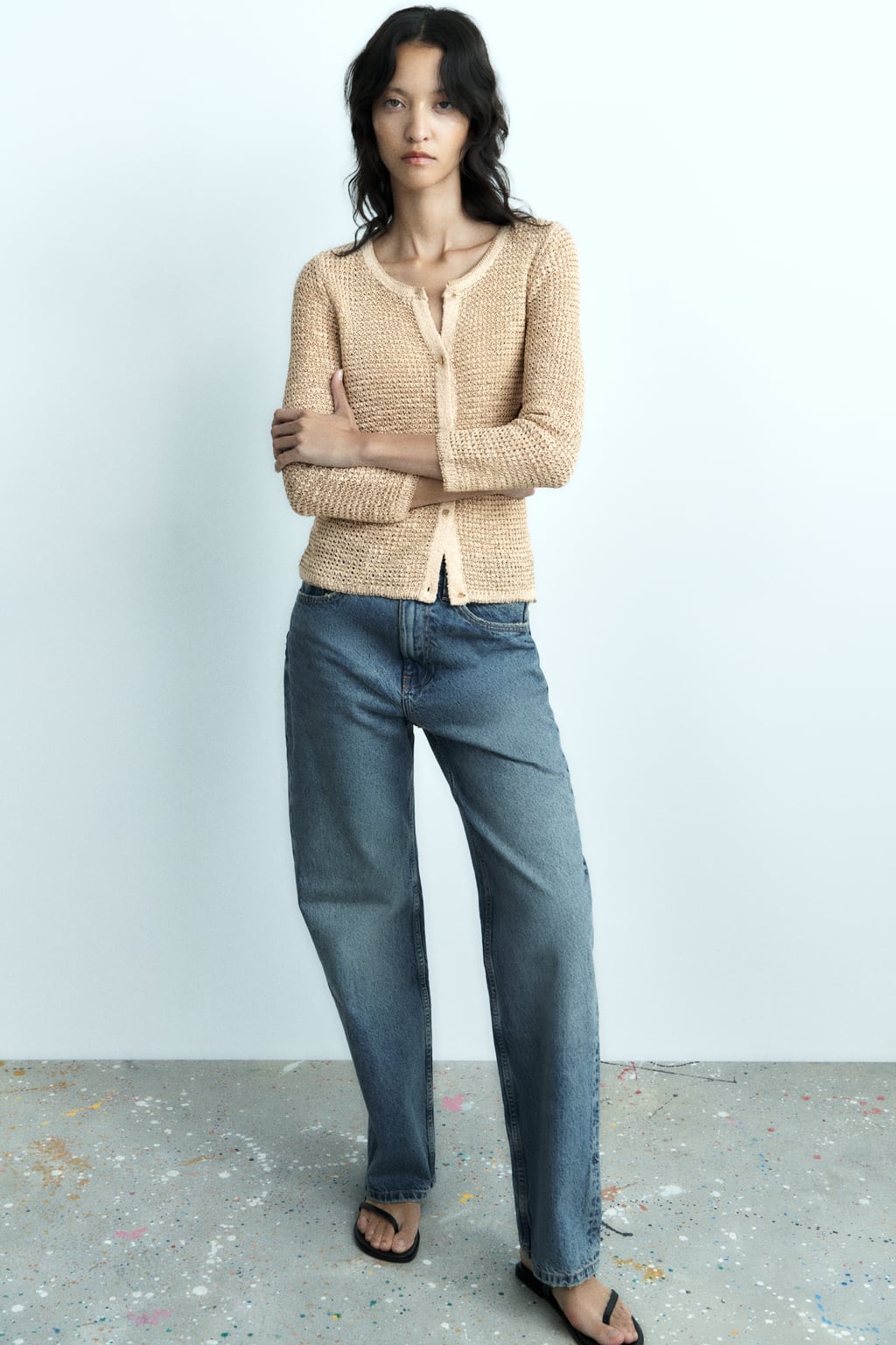 

Длинное пальто вязанной вязки ZARA, золотой