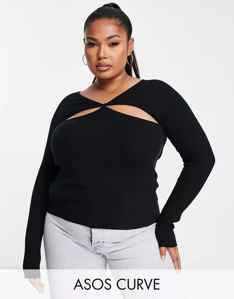 

Черный вязаный топ с вырезом и узлом спереди ASOS DESIGN Curve