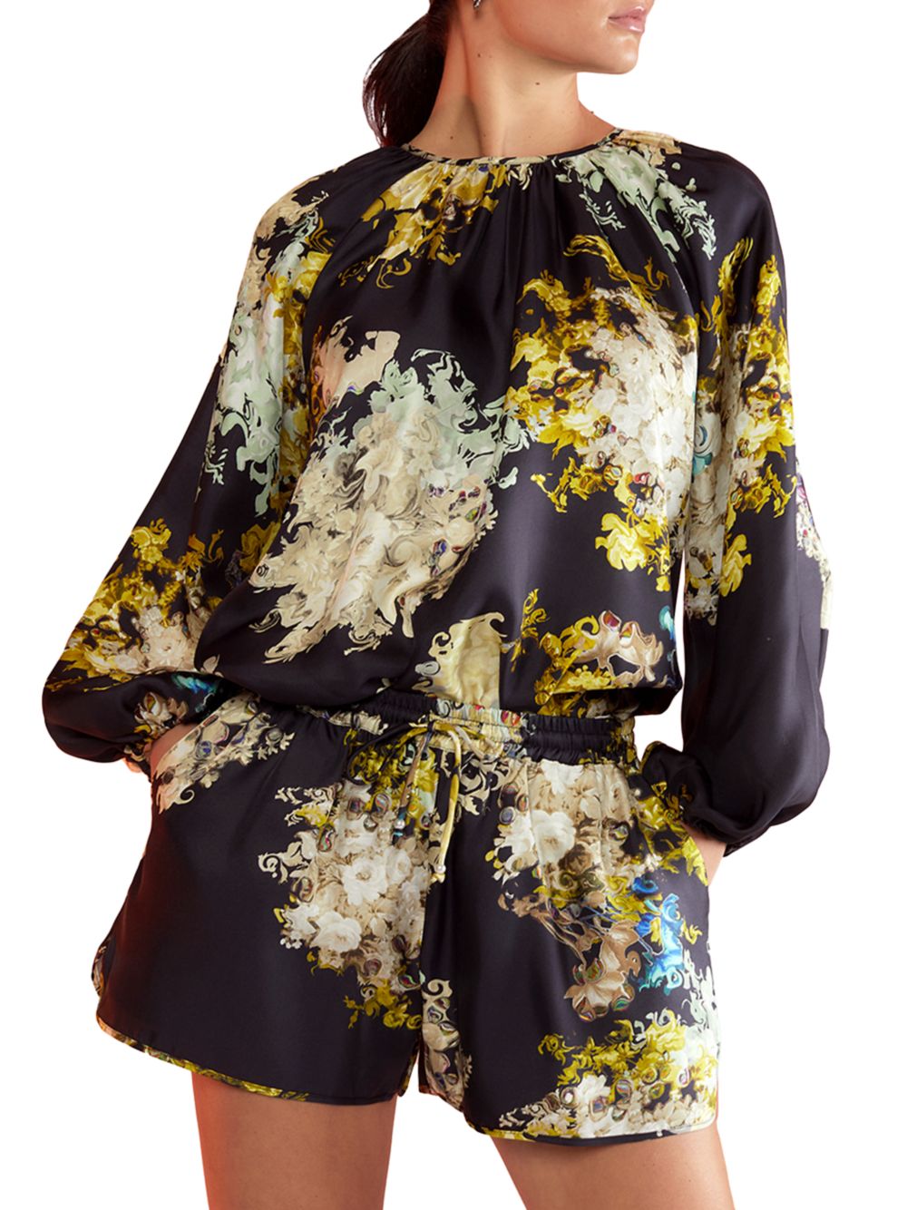 Шелковые шорты с цветочным принтом Cynthia Rowley, черный цена и фото