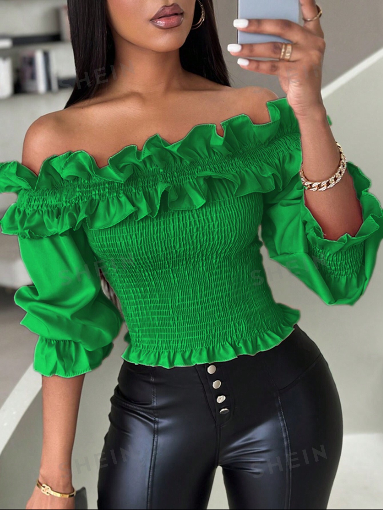 SHEIN Privé Однотонная блузка с открытыми плечами и оборками, зеленый