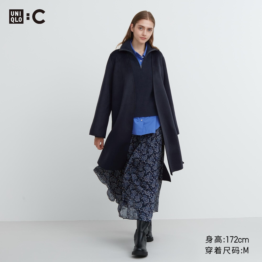 

Пальто Uniqlo шерстяное двустороннее на шнуровке, темно-синий