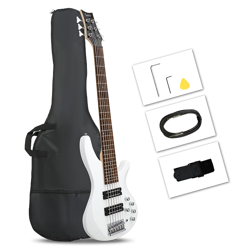 Басс гитара Glarry 44 Inch GIB 6 String H-H Pickup Laurel Wood Fingerboard Electric Bass Guitar with Bag and other Accessories 2020s - White