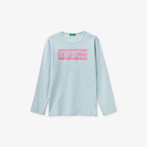 

Хлопковая футболка с длинными рукавами и логотипом, 6–14 лет Benetton, синий