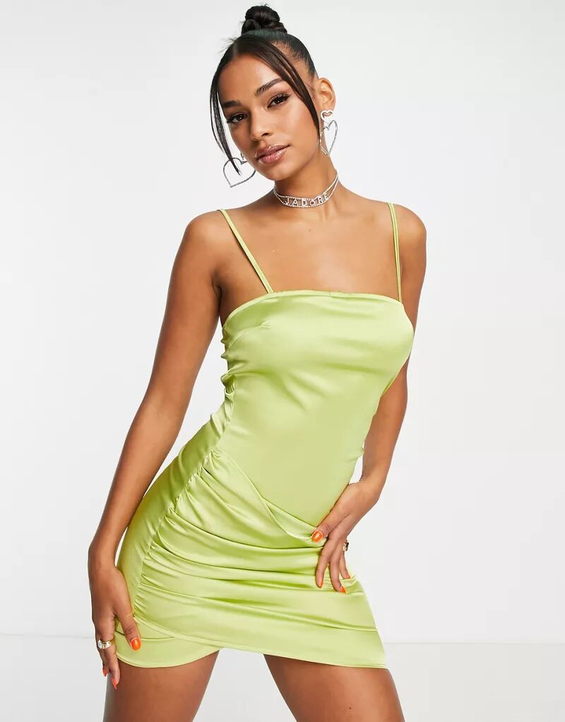 Зеленое атласное платье мини с запахом NaaNaa