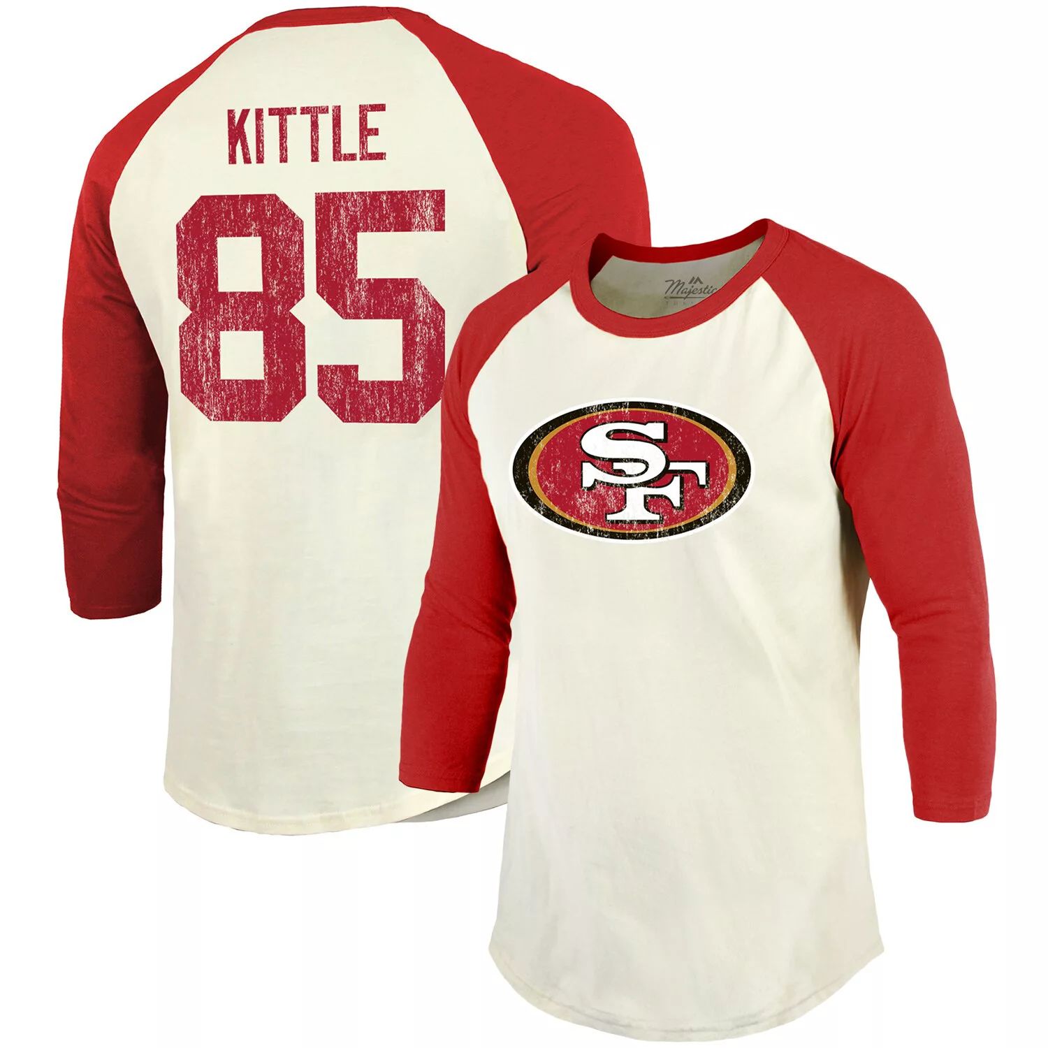 Мужская винтажная футболка Fanatics с брендом George Kittle кремового/алого цвета San Francisco 49ers с именем и номером игрока реглан с рукавами 3/4