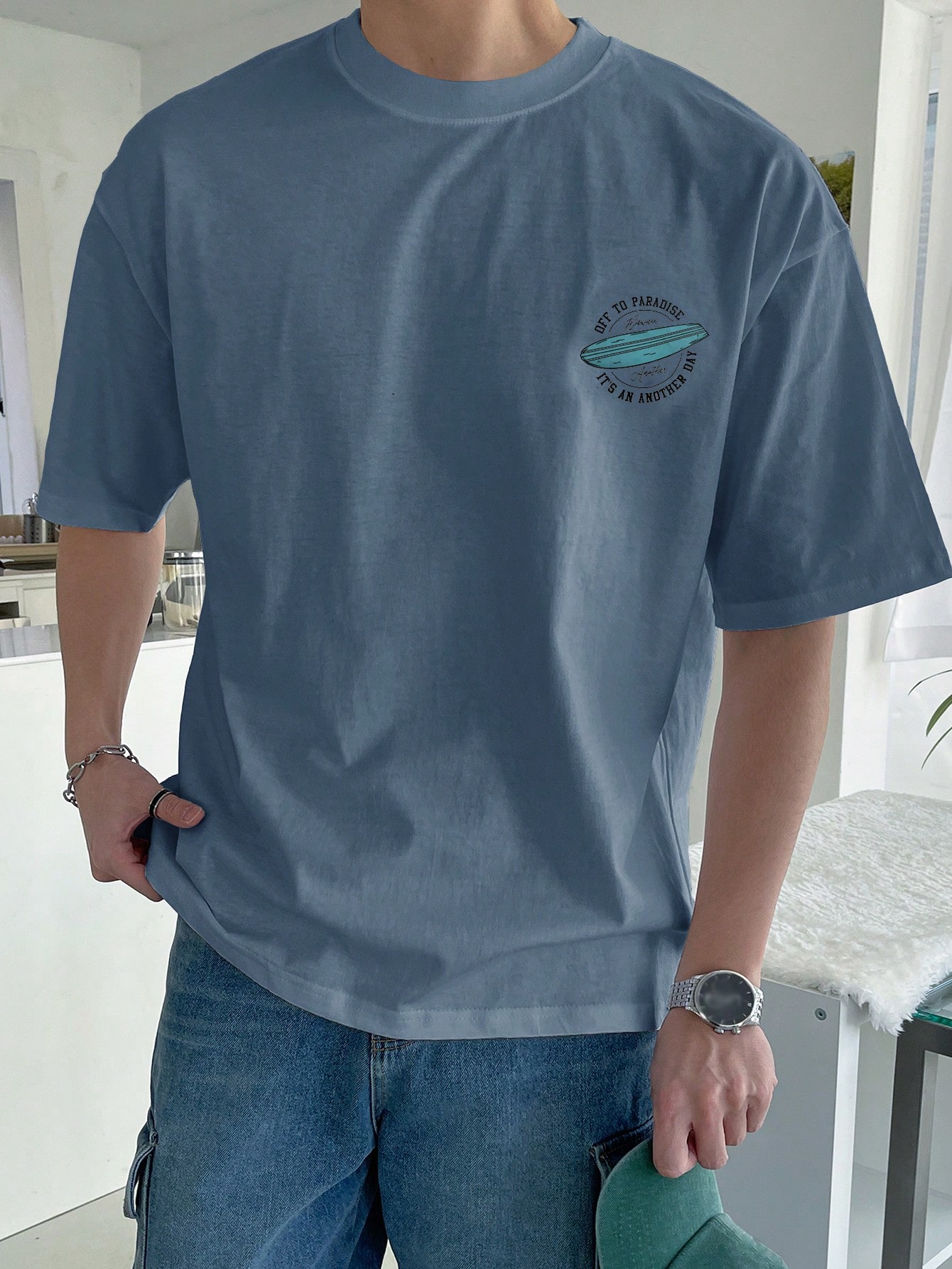 DAZY Мужская футболка с круглым вырезом и короткими рукавами с принтом букв, синий