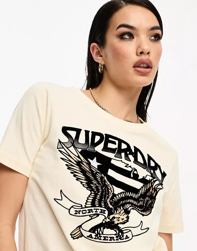 

Белая овсяная футболка Superdry с простым графическим принтом в стиле 70-х годов