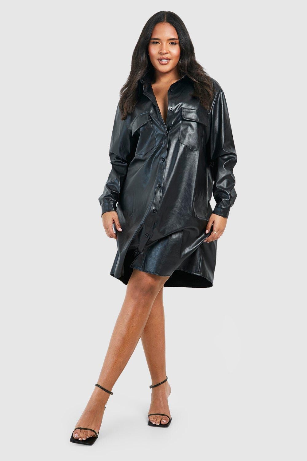 

Платье-рубашка Plus с карманами из искусственной кожи boohoo, черный