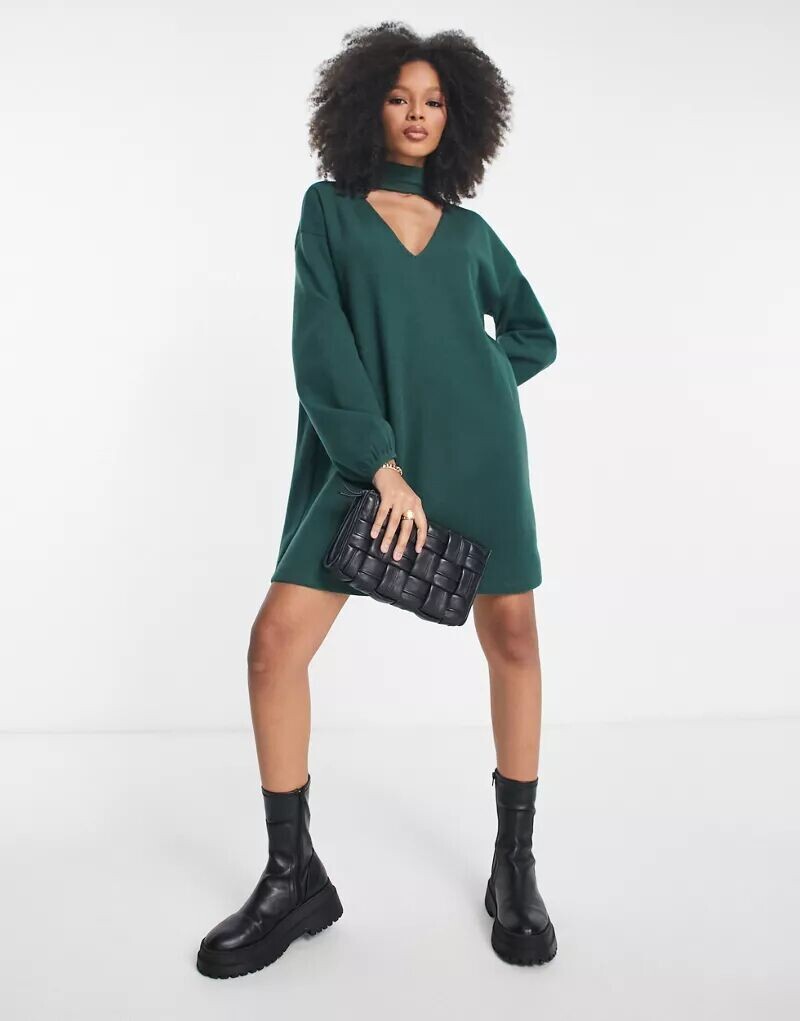

Зеленое платье мини с длинными рукавами и колье-чокером ASOS Supersoft
