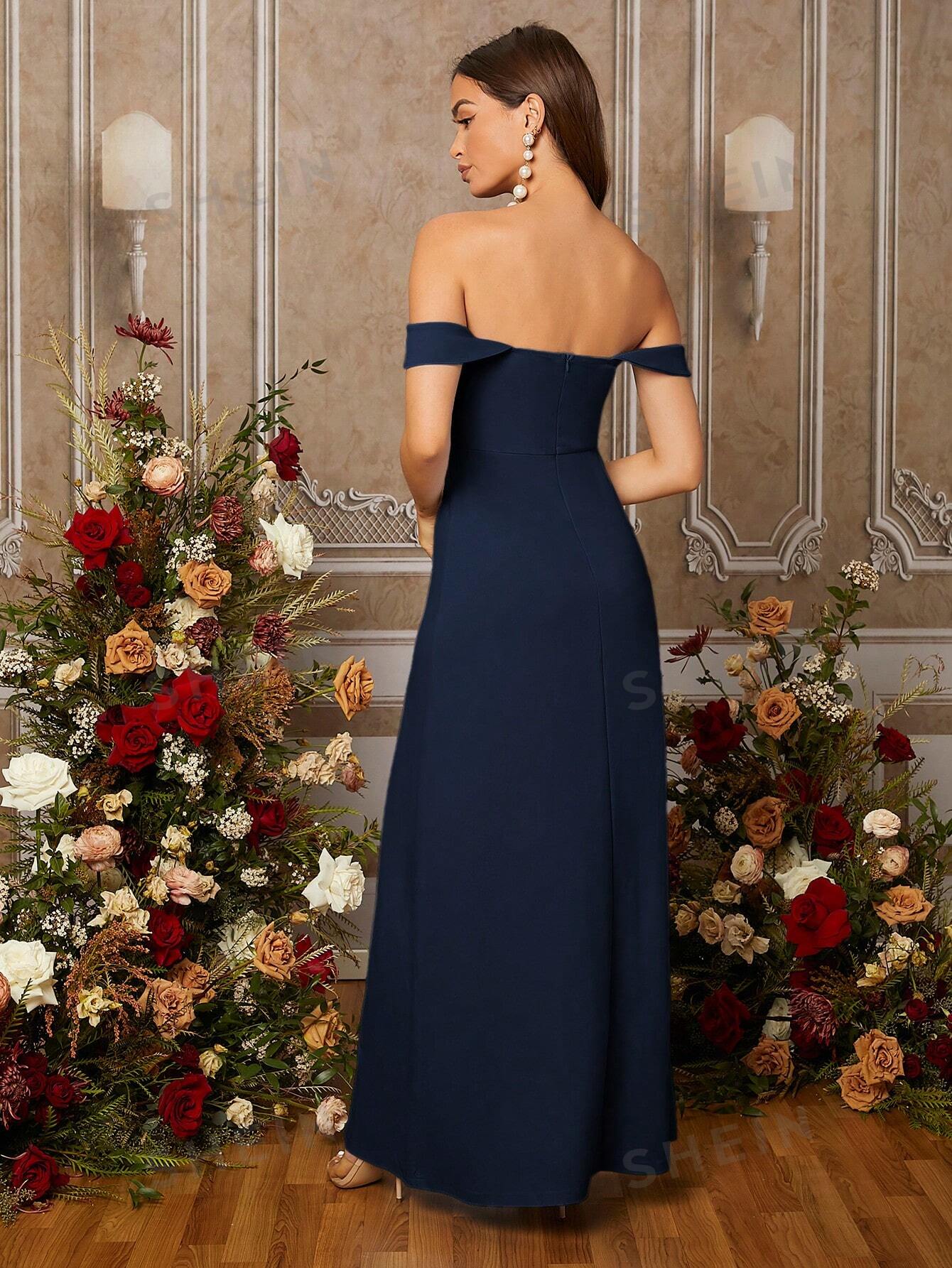 SHEIN Belle Однотонное платье для подружки невесты на одно плечо с высоким разрезом по бокам, темно-синий