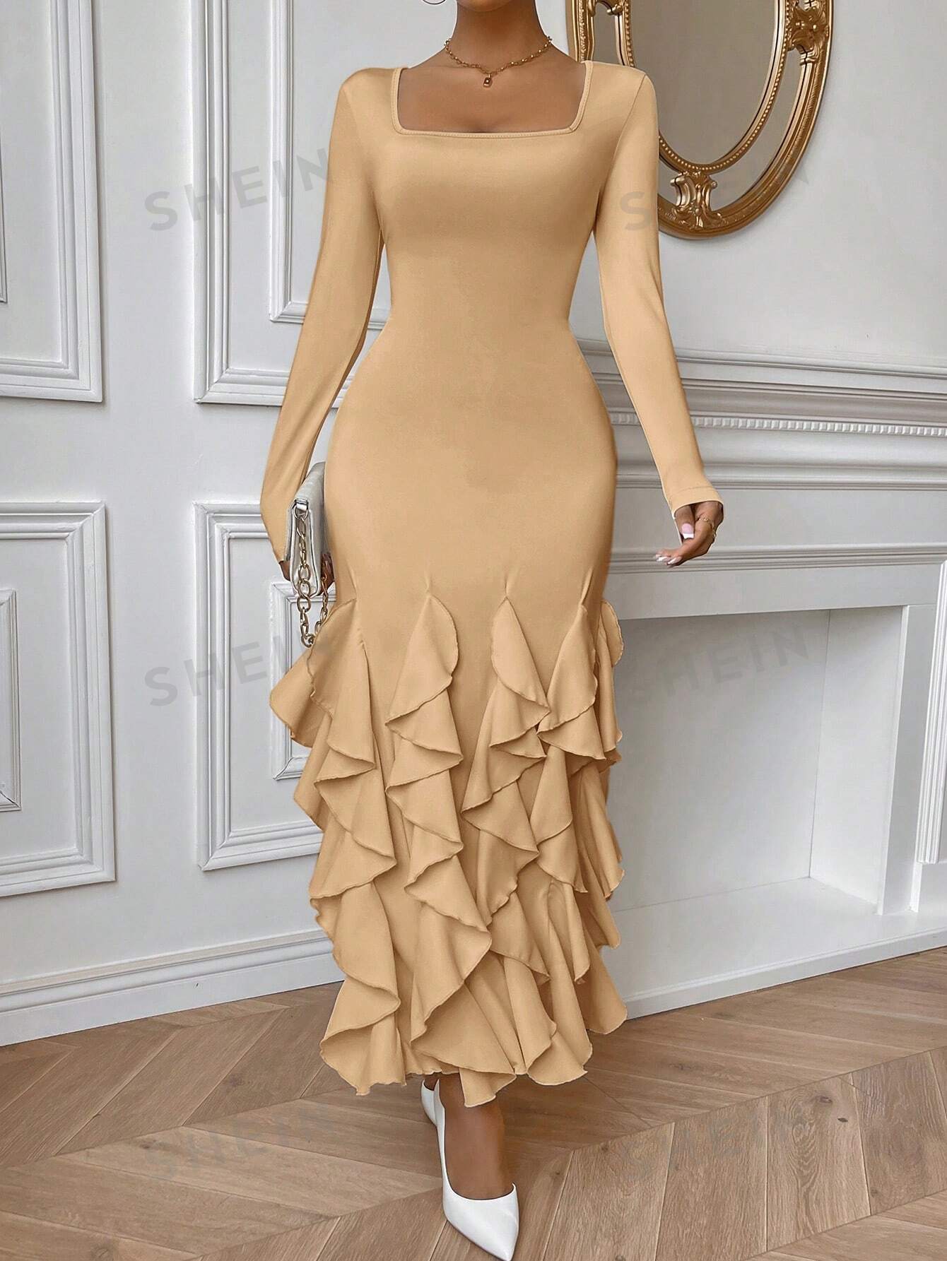 цена SHEIN Privé женское однотонное облегающее платье с оборками и рыбьим хвостом, хаки