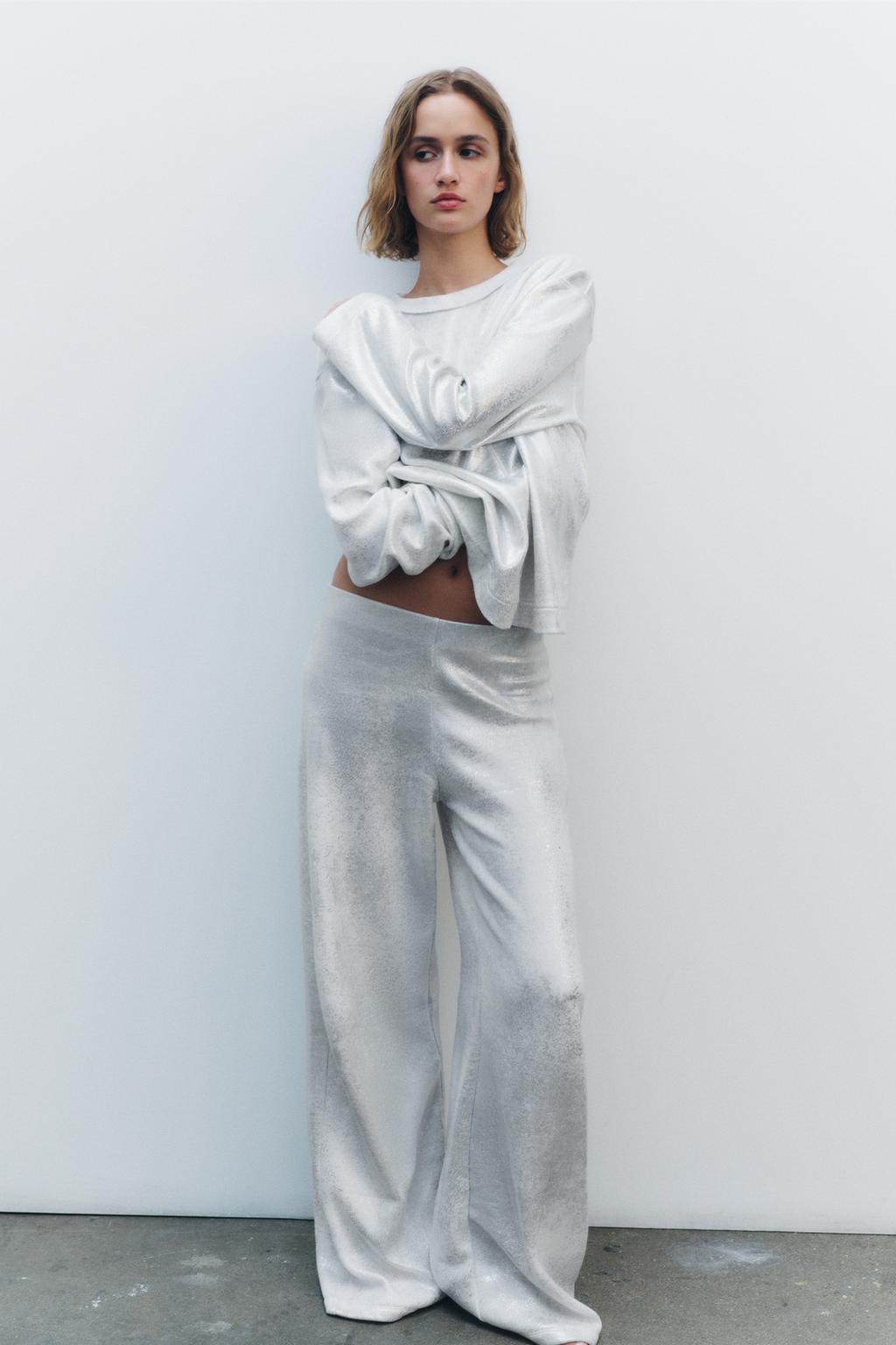 Мягкие брюки металлического цвета ZARA, серебро шорты женские летние с завышенной талией с поясом и широкими штанинами