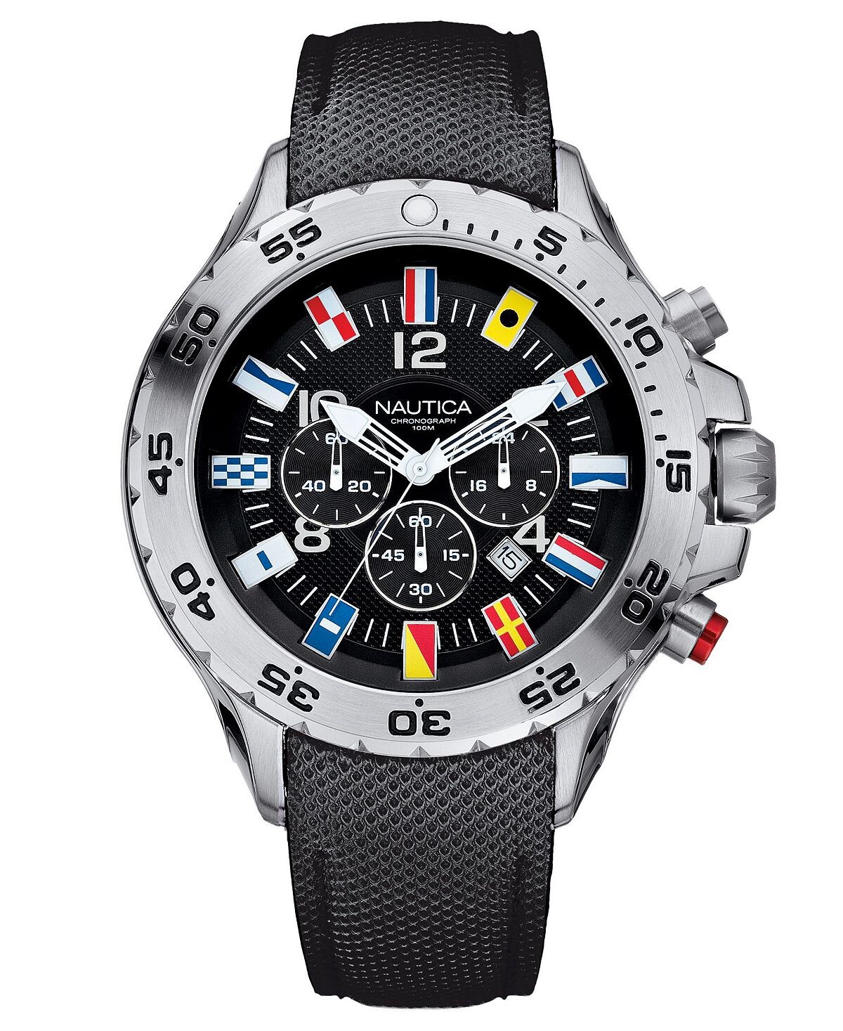 

Мужские часы NST Chrono Flags N16553G с черным кожаным ремешком с резиновым покрытием Nautica