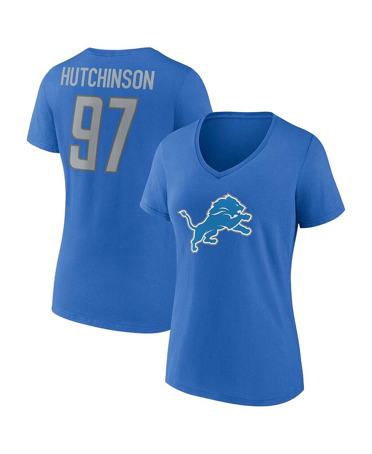 

Женская синяя футболка с v-образным вырезом и именем и номером игрока Detroit Lions с логотипом Aidan Hutchinson Fanatics, синий