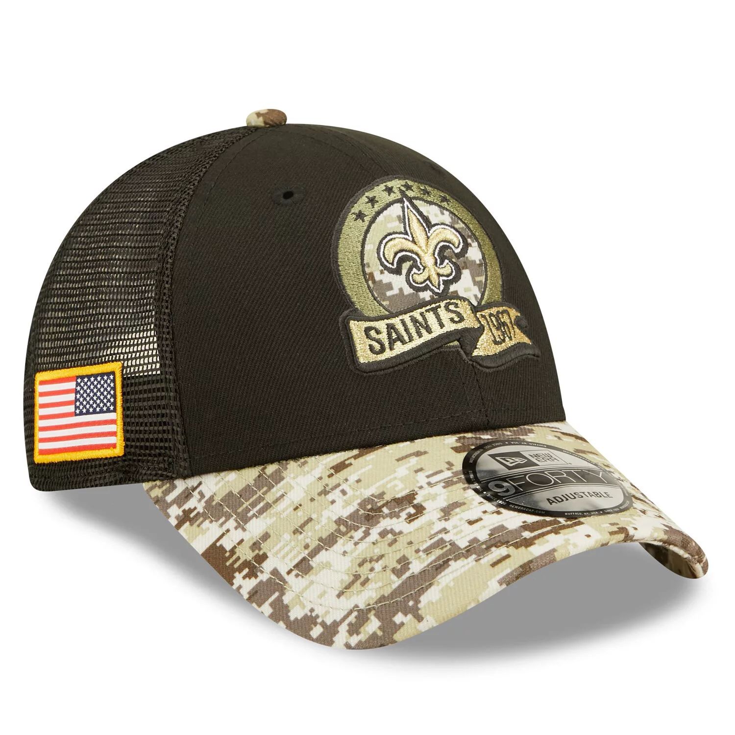 

Мужская кепка New Era Black/Camo New Orleans Saints 2022 Salute To Service 9FORTY Snapback Trucker Hat