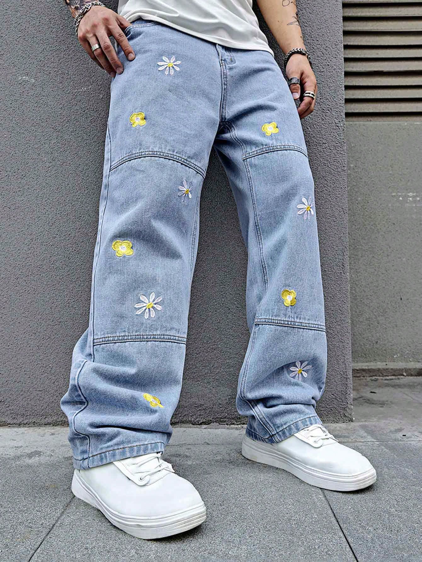 Мужские прямые джинсы Manfinity LEGND больших размеров с цветочной вышивкой, легкая стирка