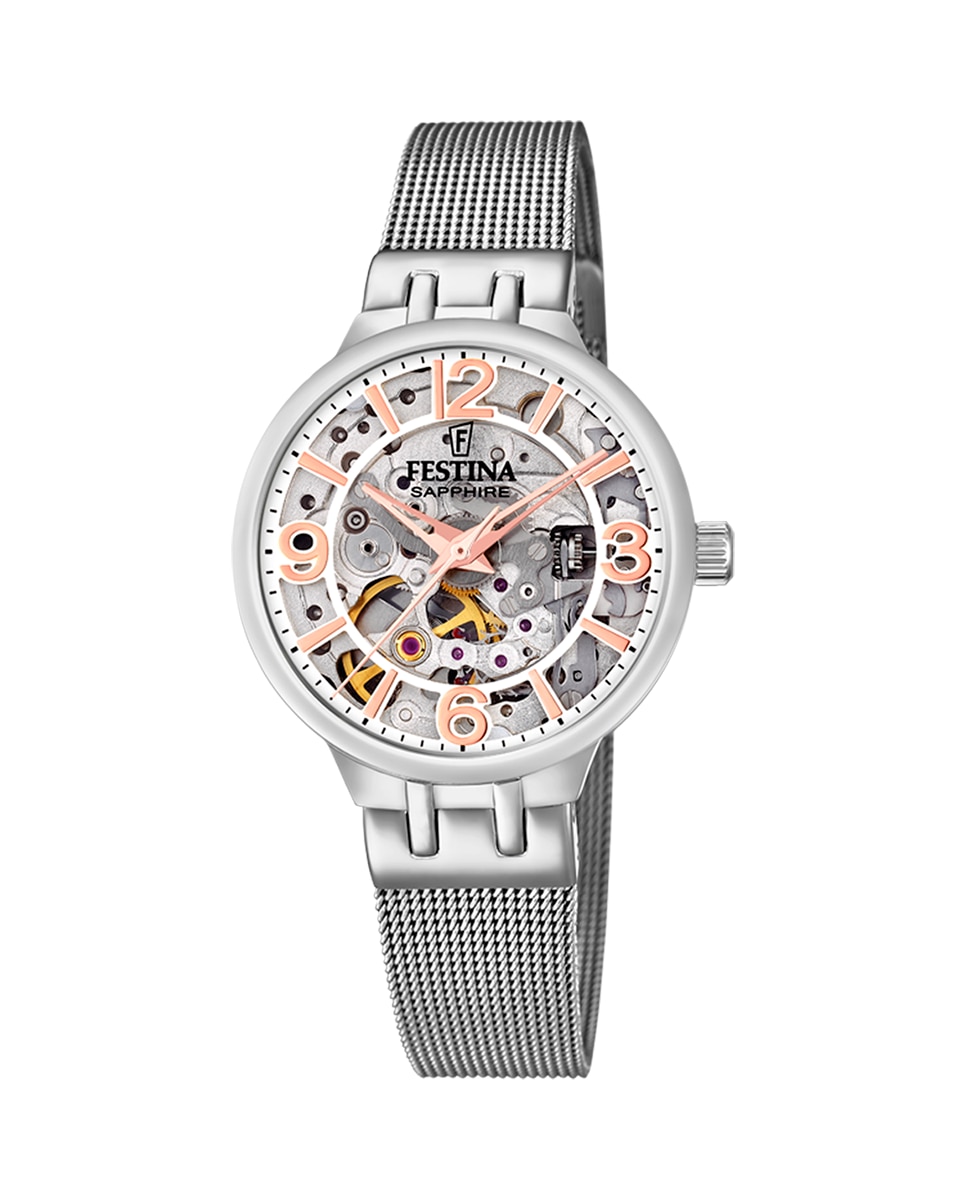 цена F20579/1 Автоматические женские часы Skeleton из серебристой стали Festina, серебро