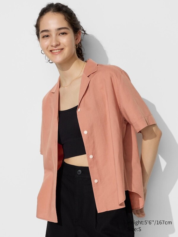 

Рубашка с коротким рукавом из льняной смеси открытый воротник Uniqlo, оранжевый