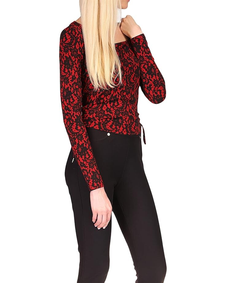 Топ Michael Kors Petite Lace Square Neck Ruched Long Sleeve Top, цвет Crimson