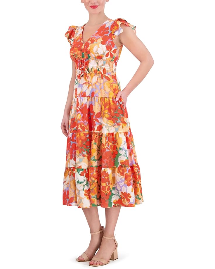 Платье Vince Camuto Printed Tiered Skirt Midi, цвет Coral Multi